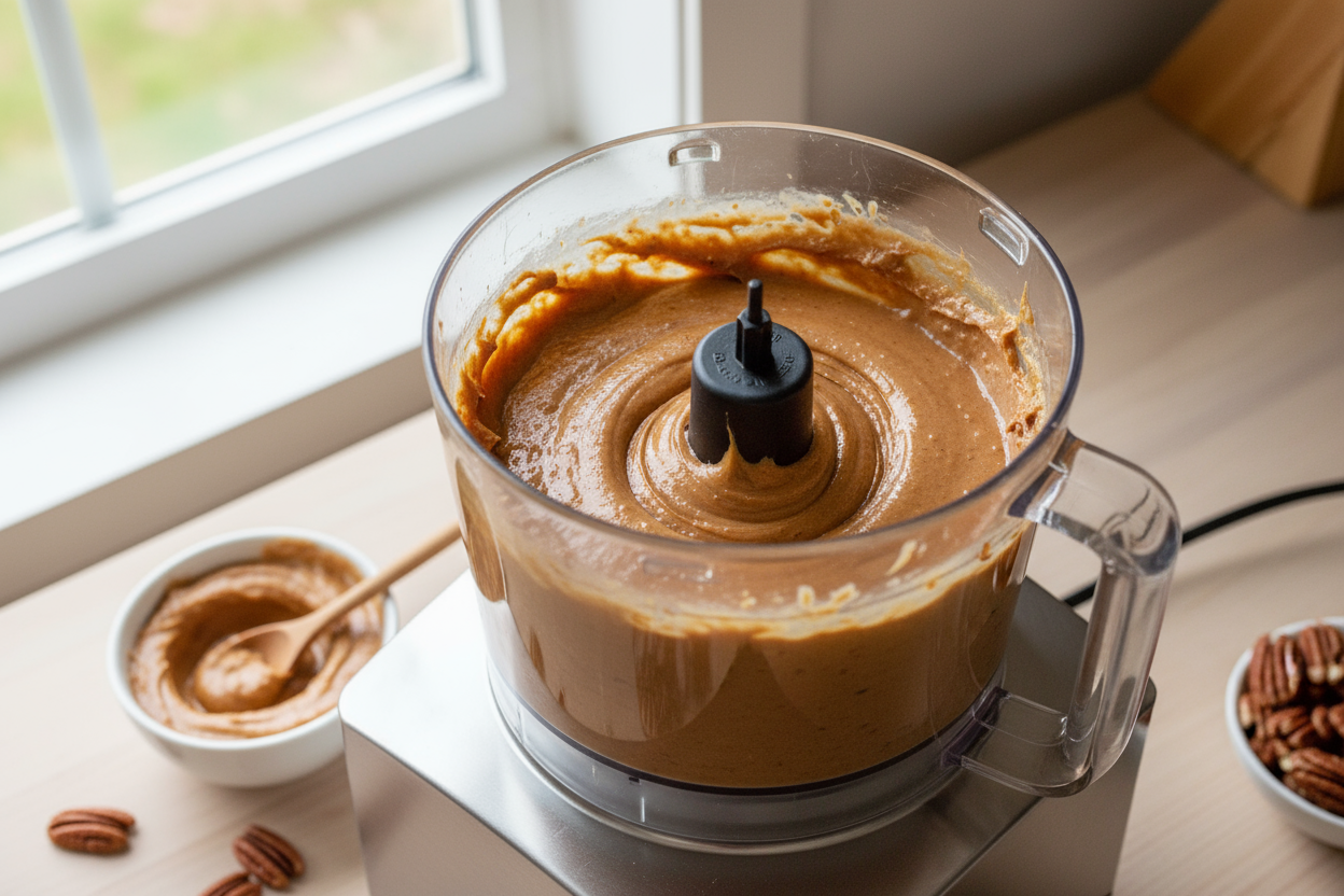 Peacan nut butter in processor